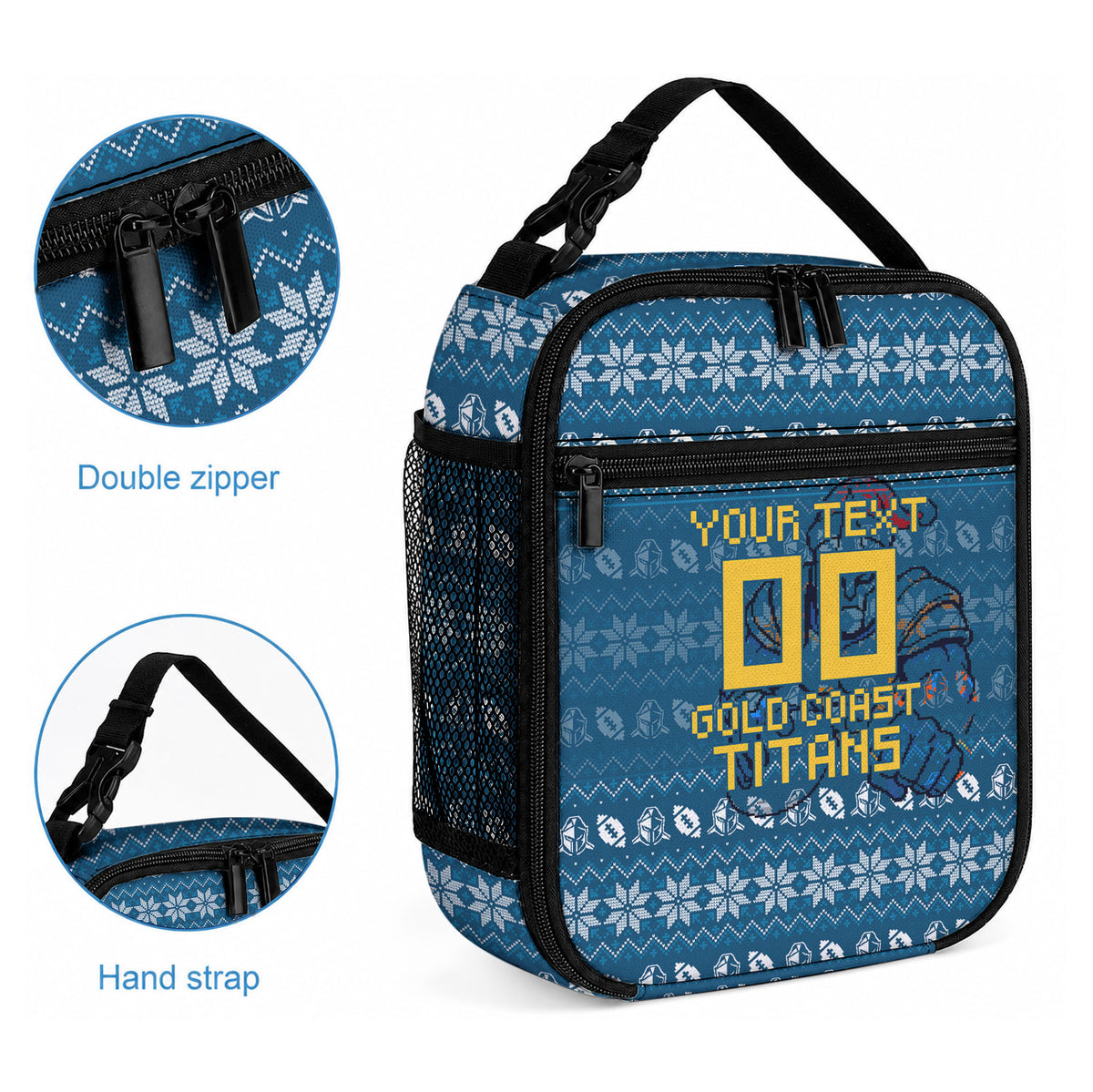 Personalized Gold Coast Titans Christmas Lunch Bag Australian Rugby Fans - Pixelated Ugly Xmas Pattern Mascot Santa