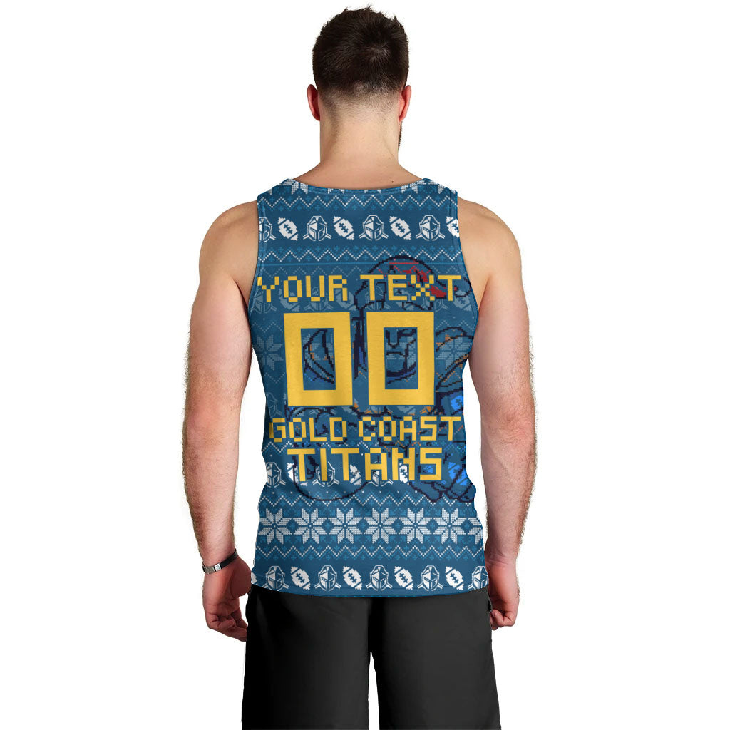 Personalized Gold Coast Titans Christmas Men Tank Top Australian Rugby Fans - Pixelated Ugly Xmas Pattern Mascot Santa