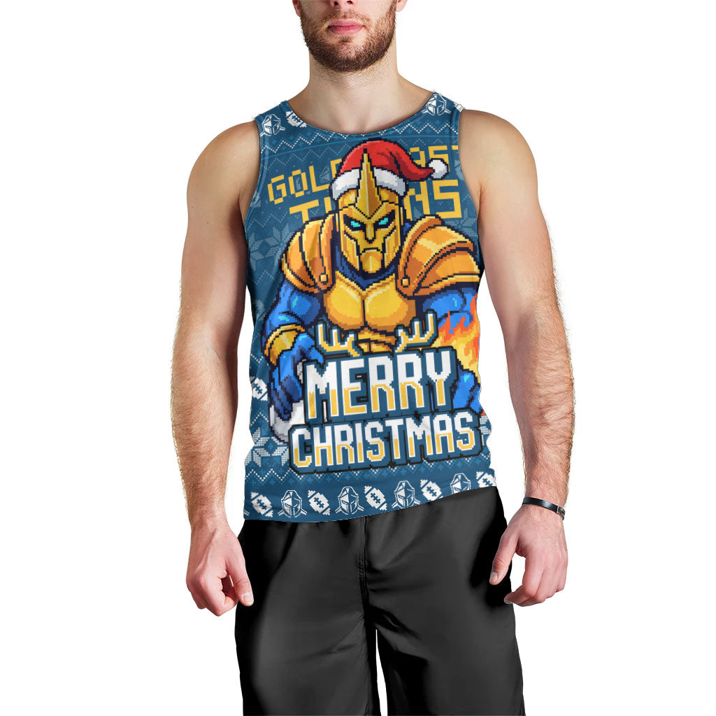 Personalized Gold Coast Titans Christmas Men Tank Top Australian Rugby Fans - Pixelated Ugly Xmas Pattern Mascot Santa