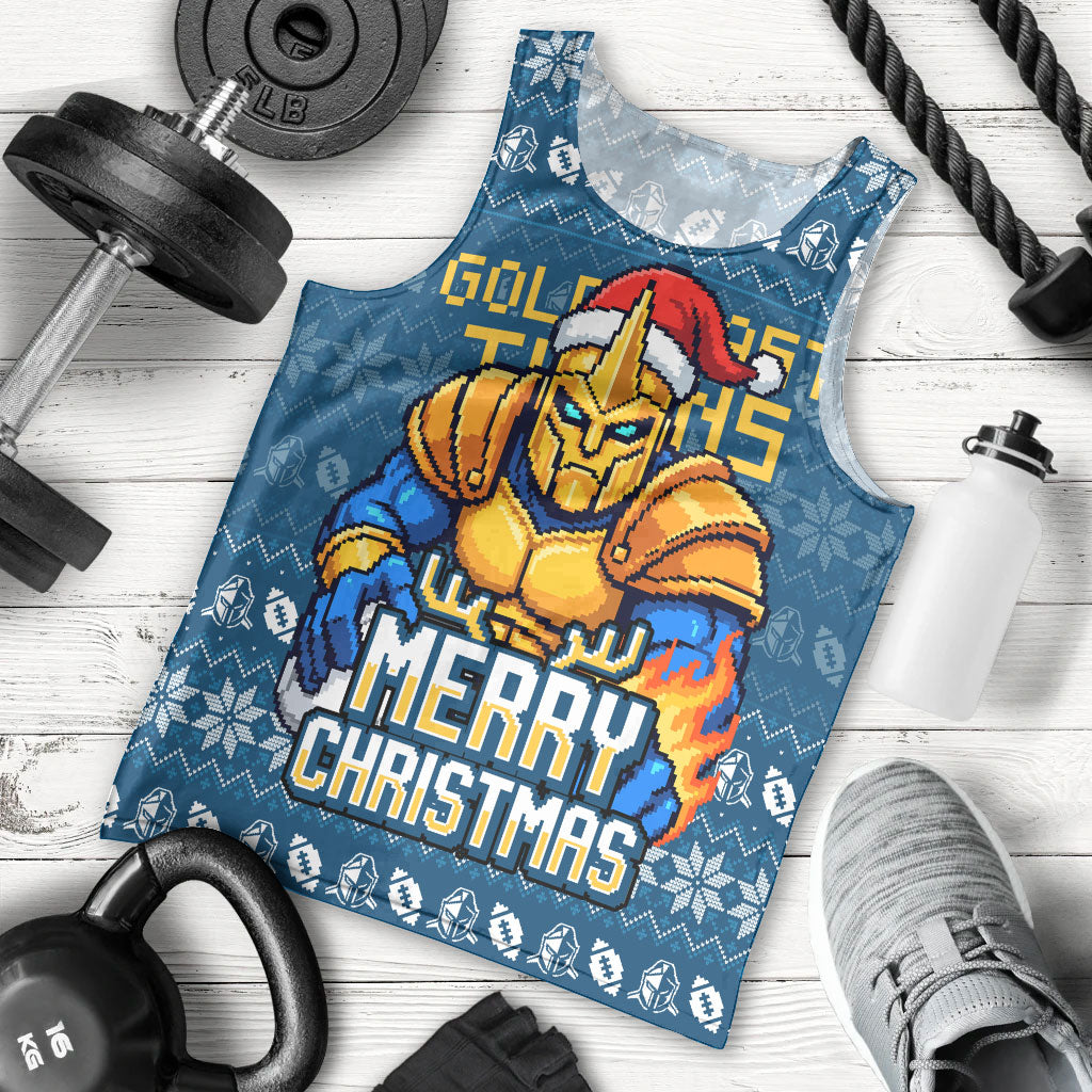Personalized Gold Coast Titans Christmas Men Tank Top Australian Rugby Fans - Pixelated Ugly Xmas Pattern Mascot Santa