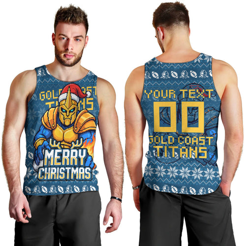 Personalized Gold Coast Titans Christmas Men Tank Top Australian Rugby Fans - Pixelated Ugly Xmas Pattern Mascot Santa