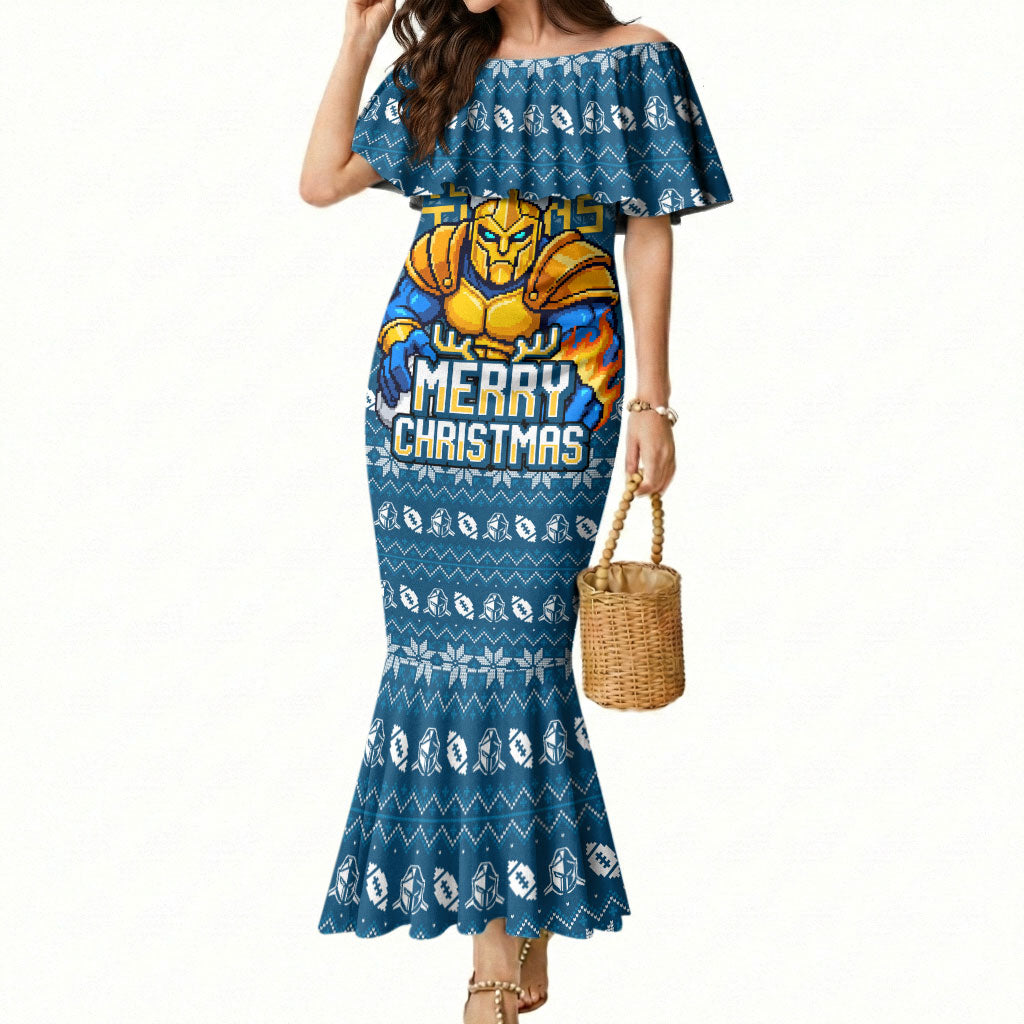 Personalized Gold Coast Titans Christmas Mermaid Dress Australian Rugby Fans - Pixelated Ugly Xmas Pattern Mascot Santa