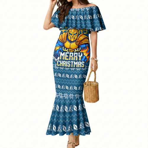 Personalized Gold Coast Titans Christmas Mermaid Dress Australian Rugby Fans - Pixelated Ugly Xmas Pattern Mascot Santa