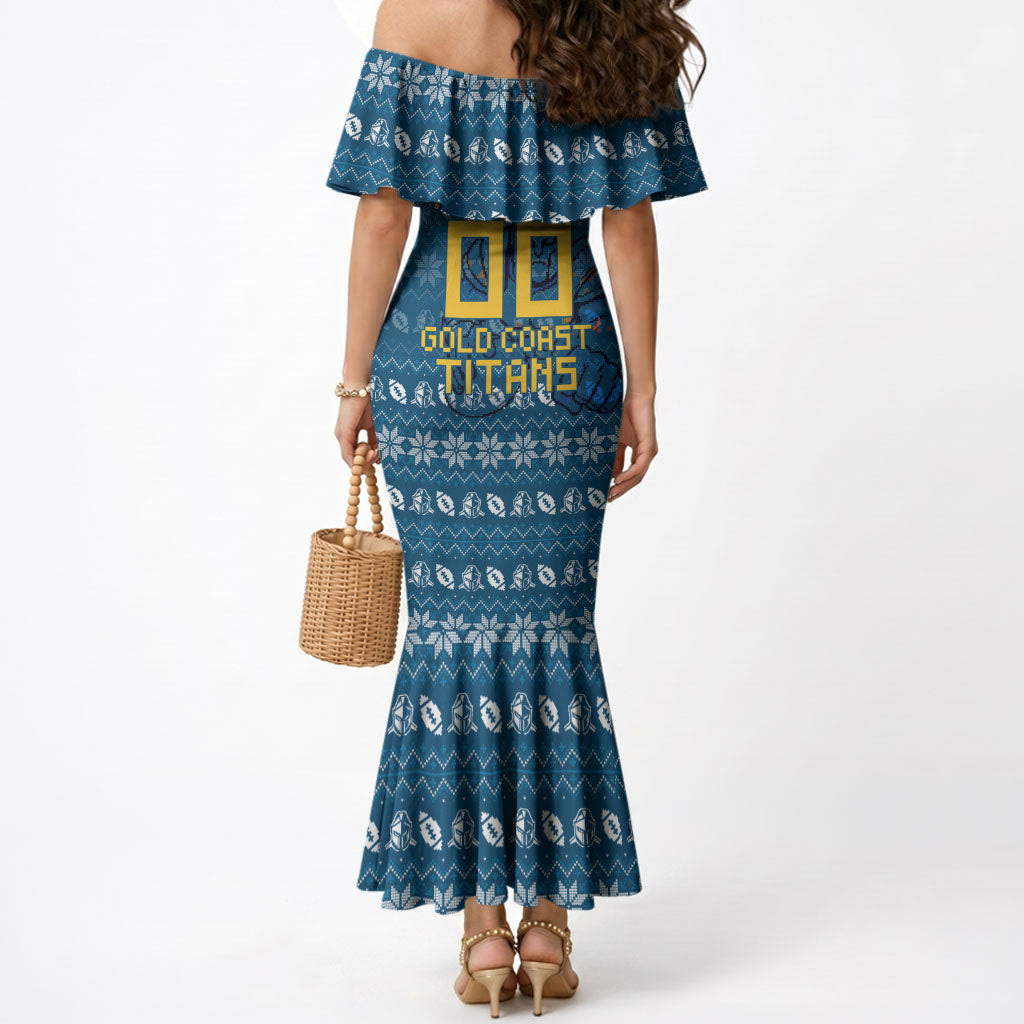 Personalized Gold Coast Titans Christmas Mermaid Dress Australian Rugby Fans - Pixelated Ugly Xmas Pattern Mascot Santa