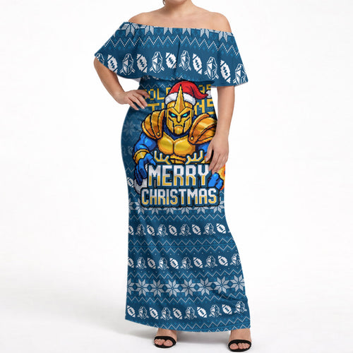 Personalized Gold Coast Titans Christmas Off Shoulder Maxi Dress Australian Rugby Fans - Pixelated Ugly Xmas Pattern Mascot Santa