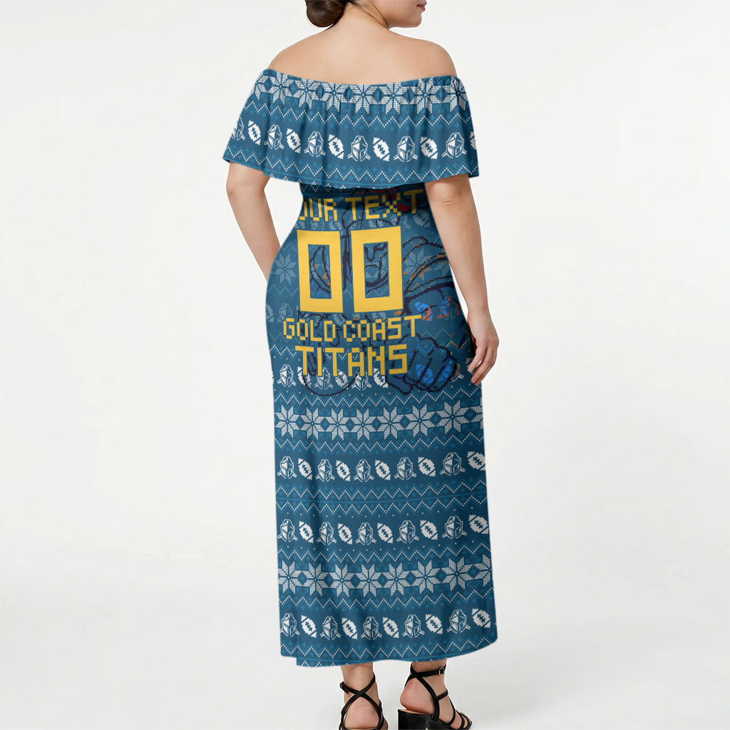 Personalized Gold Coast Titans Christmas Off Shoulder Maxi Dress Australian Rugby Fans - Pixelated Ugly Xmas Pattern Mascot Santa