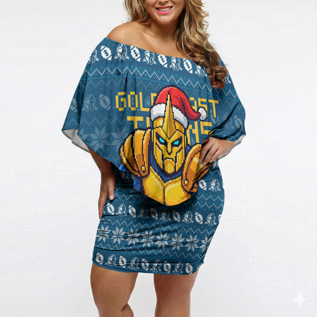 Personalized Gold Coast Titans Christmas Off Shoulder Short Dress Australian Rugby Fans - Pixelated Ugly Xmas Pattern Mascot Santa