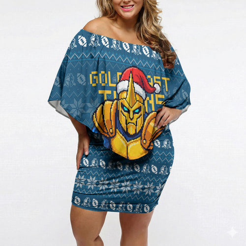 Personalized Gold Coast Titans Christmas Off Shoulder Short Dress Australian Rugby Fans - Pixelated Ugly Xmas Pattern Mascot Santa