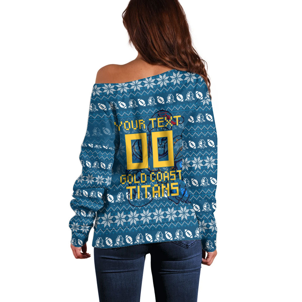 Personalized Gold Coast Titans Christmas Off Shoulder Sweater Australian Rugby Fans - Pixelated Ugly Xmas Pattern Mascot Santa