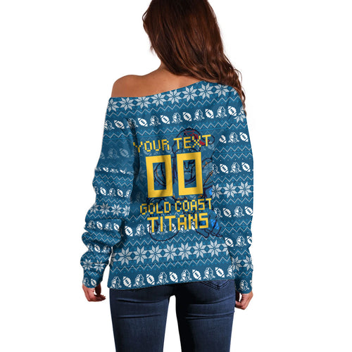 Personalized Gold Coast Titans Christmas Off Shoulder Sweater Australian Rugby Fans - Pixelated Ugly Xmas Pattern Mascot Santa