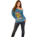 Personalized Gold Coast Titans Christmas Off Shoulder Sweater Australian Rugby Fans - Pixelated Ugly Xmas Pattern Mascot Santa