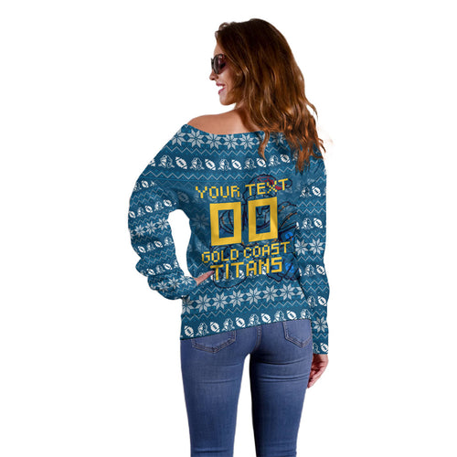 Personalized Gold Coast Titans Christmas Off Shoulder Sweater Australian Rugby Fans - Pixelated Ugly Xmas Pattern Mascot Santa