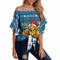 Personalized Gold Coast Titans Christmas Off Shoulder Wrap Waist Top Australian Rugby Fans - Pixelated Ugly Xmas Pattern Mascot Santa