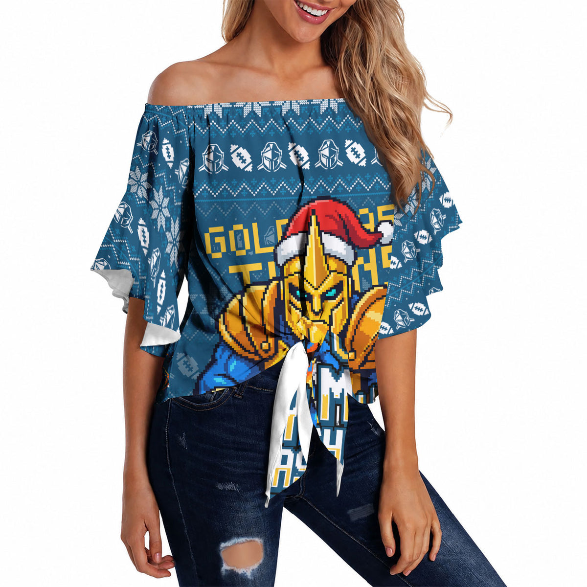 Personalized Gold Coast Titans Christmas Off Shoulder Wrap Waist Top Australian Rugby Fans - Pixelated Ugly Xmas Pattern Mascot Santa