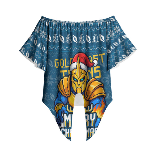 Personalized Gold Coast Titans Christmas Off Shoulder Wrap Waist Top Australian Rugby Fans - Pixelated Ugly Xmas Pattern Mascot Santa