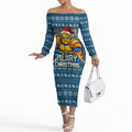 Personalized Gold Coast Titans Christmas Off The Shoulder Long Sleeve Dress Australian Rugby Fans - Pixelated Ugly Xmas Pattern Mascot Santa
