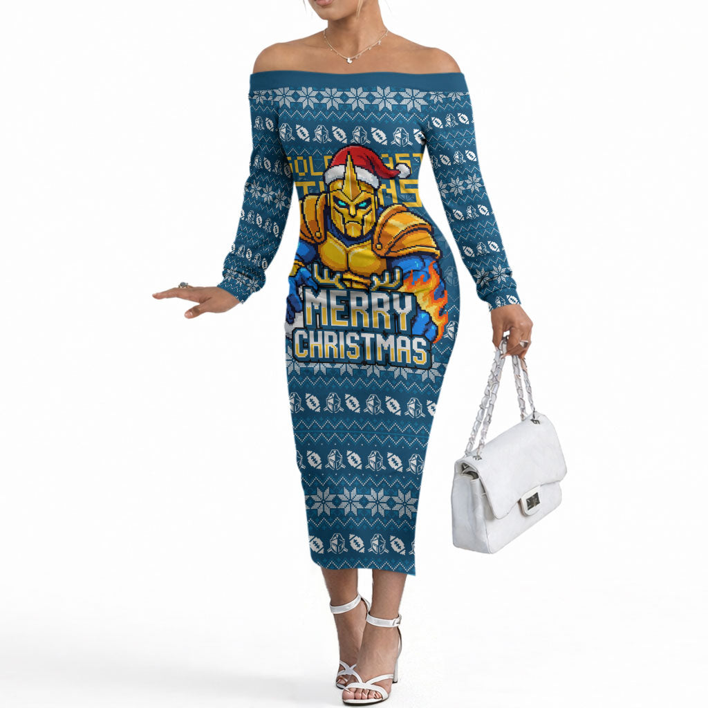 Personalized Gold Coast Titans Christmas Off The Shoulder Long Sleeve Dress Australian Rugby Fans - Pixelated Ugly Xmas Pattern Mascot Santa