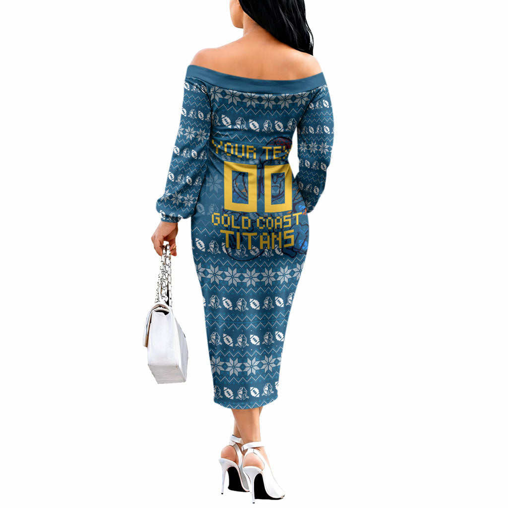 Personalized Gold Coast Titans Christmas Off The Shoulder Long Sleeve Dress Australian Rugby Fans - Pixelated Ugly Xmas Pattern Mascot Santa