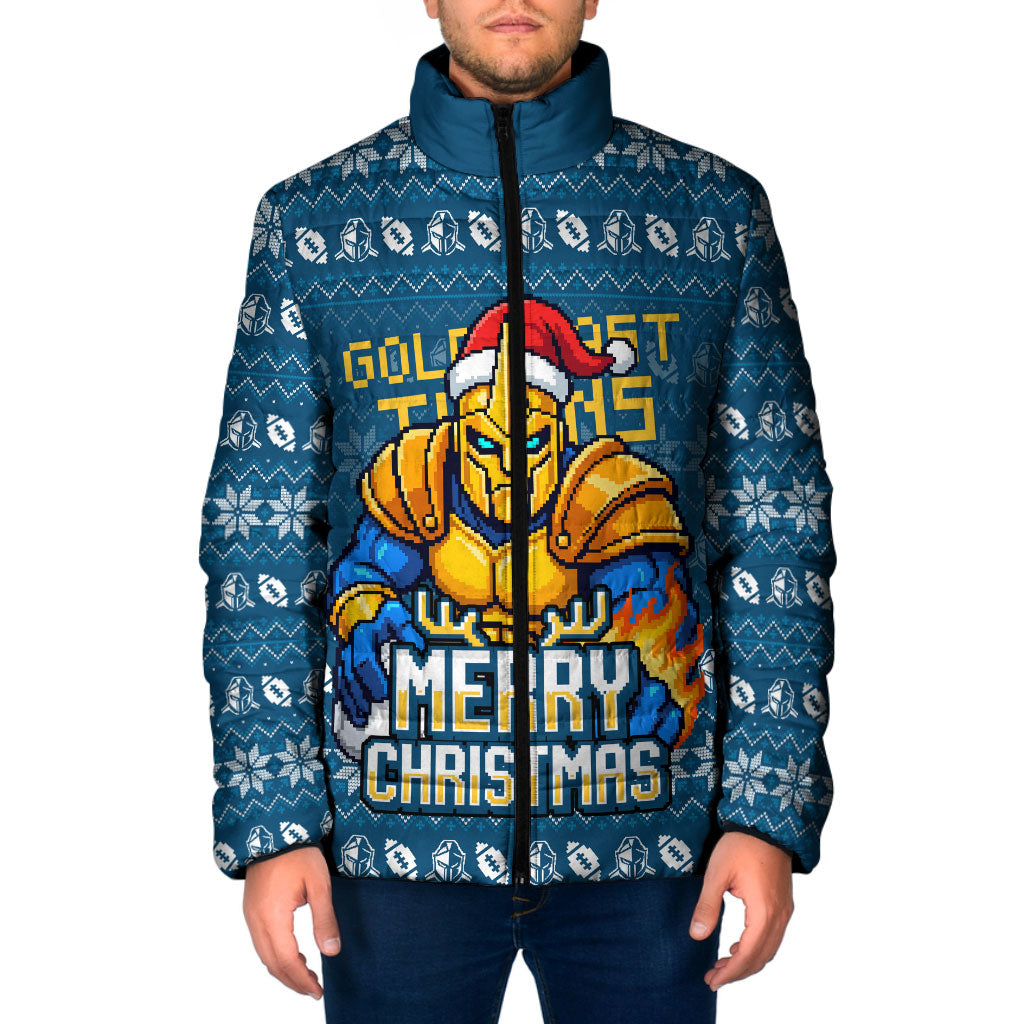 Personalized Gold Coast Titans Christmas Padded Jacket Australian Rugby Fans - Pixelated Ugly Xmas Pattern Mascot Santa
