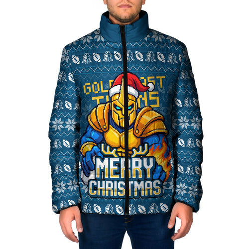 Personalized Gold Coast Titans Christmas Padded Jacket Australian Rugby Fans - Pixelated Ugly Xmas Pattern Mascot Santa