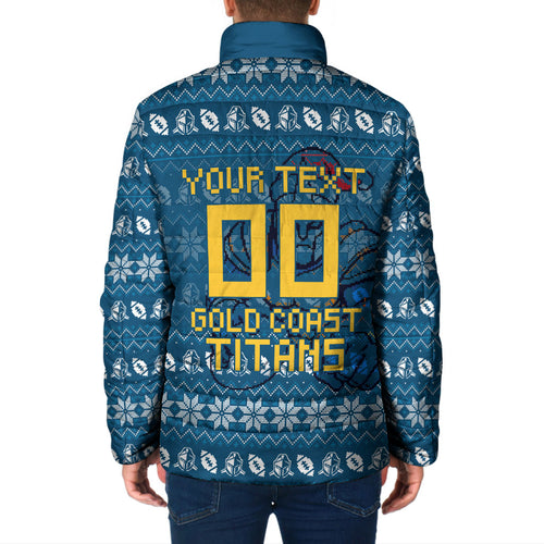 Personalized Gold Coast Titans Christmas Padded Jacket Australian Rugby Fans - Pixelated Ugly Xmas Pattern Mascot Santa