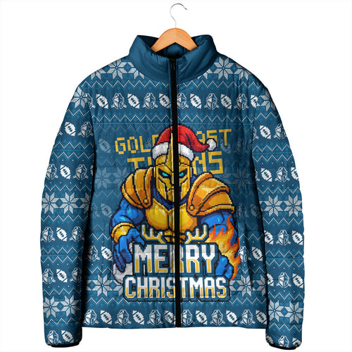 Personalized Gold Coast Titans Christmas Padded Jacket Australian Rugby Fans - Pixelated Ugly Xmas Pattern Mascot Santa