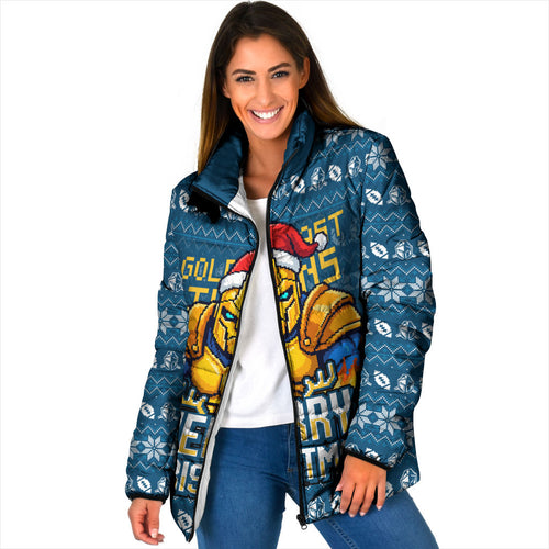 Personalized Gold Coast Titans Christmas Padded Jacket Australian Rugby Fans - Pixelated Ugly Xmas Pattern Mascot Santa