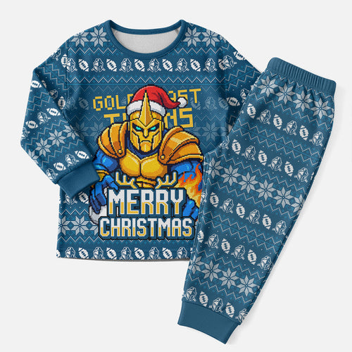 Personalized Gold Coast Titans Christmas Pajama Set Australian Rugby Fans - Pixelated Ugly Xmas Pattern Mascot Santa