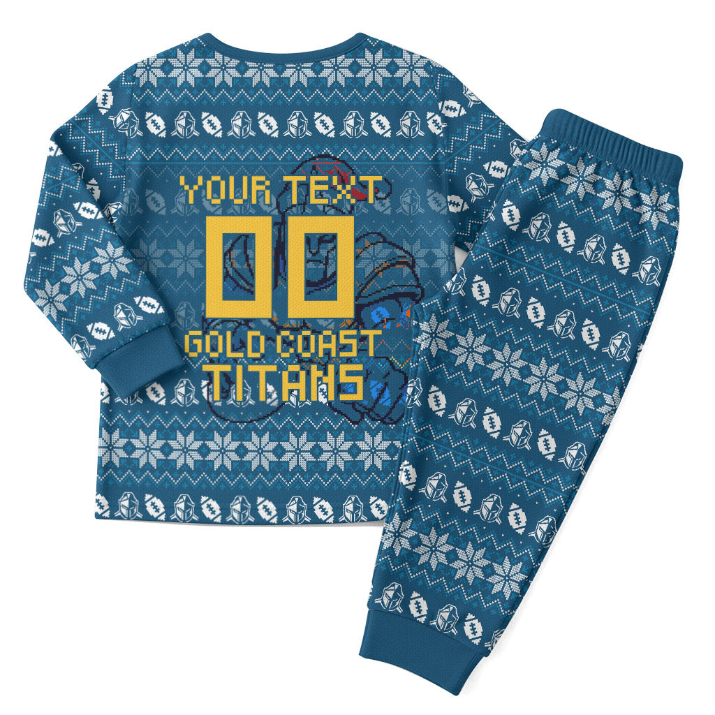 Personalized Gold Coast Titans Christmas Pajama Set Australian Rugby Fans - Pixelated Ugly Xmas Pattern Mascot Santa