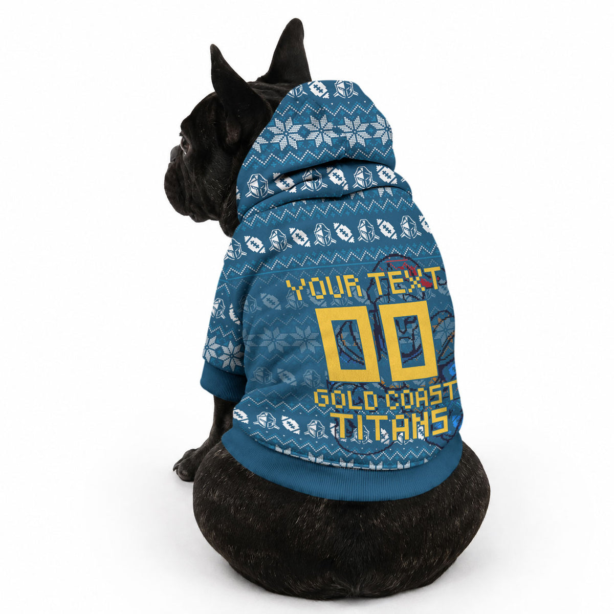 Personalized Gold Coast Titans Christmas Pet Hoodie Australian Rugby Fans - Pixelated Ugly Xmas Pattern Mascot Santa