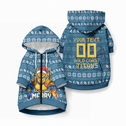 Personalized Gold Coast Titans Christmas Pet Hoodie Australian Rugby Fans - Pixelated Ugly Xmas Pattern Mascot Santa