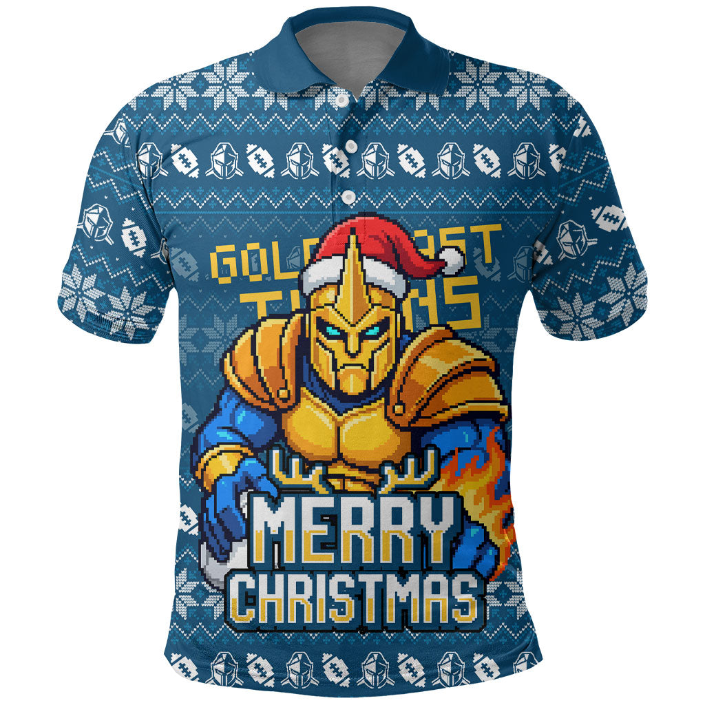 Personalized Gold Coast Titans Christmas Polo Shirt Australian Rugby Fans - Pixelated Ugly Xmas Pattern Mascot Santa