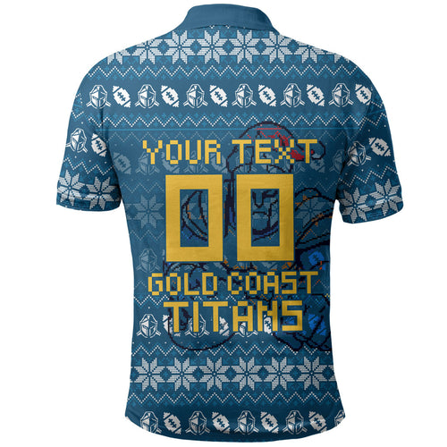 Personalized Gold Coast Titans Christmas Polo Shirt Australian Rugby Fans - Pixelated Ugly Xmas Pattern Mascot Santa