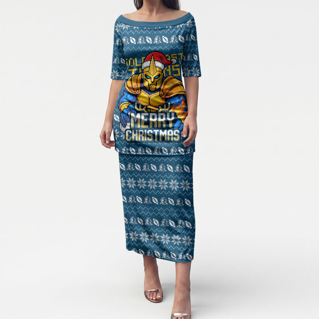 Personalized Gold Coast Titans Christmas Puletasi Australian Rugby Fans - Pixelated Ugly Xmas Pattern Mascot Santa