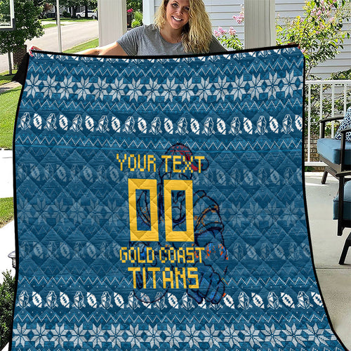 Personalized Gold Coast Titans Christmas Quilt Australian Rugby Fans - Pixelated Ugly Xmas Pattern Mascot Santa