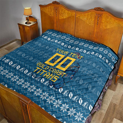 Personalized Gold Coast Titans Christmas Quilt Australian Rugby Fans - Pixelated Ugly Xmas Pattern Mascot Santa