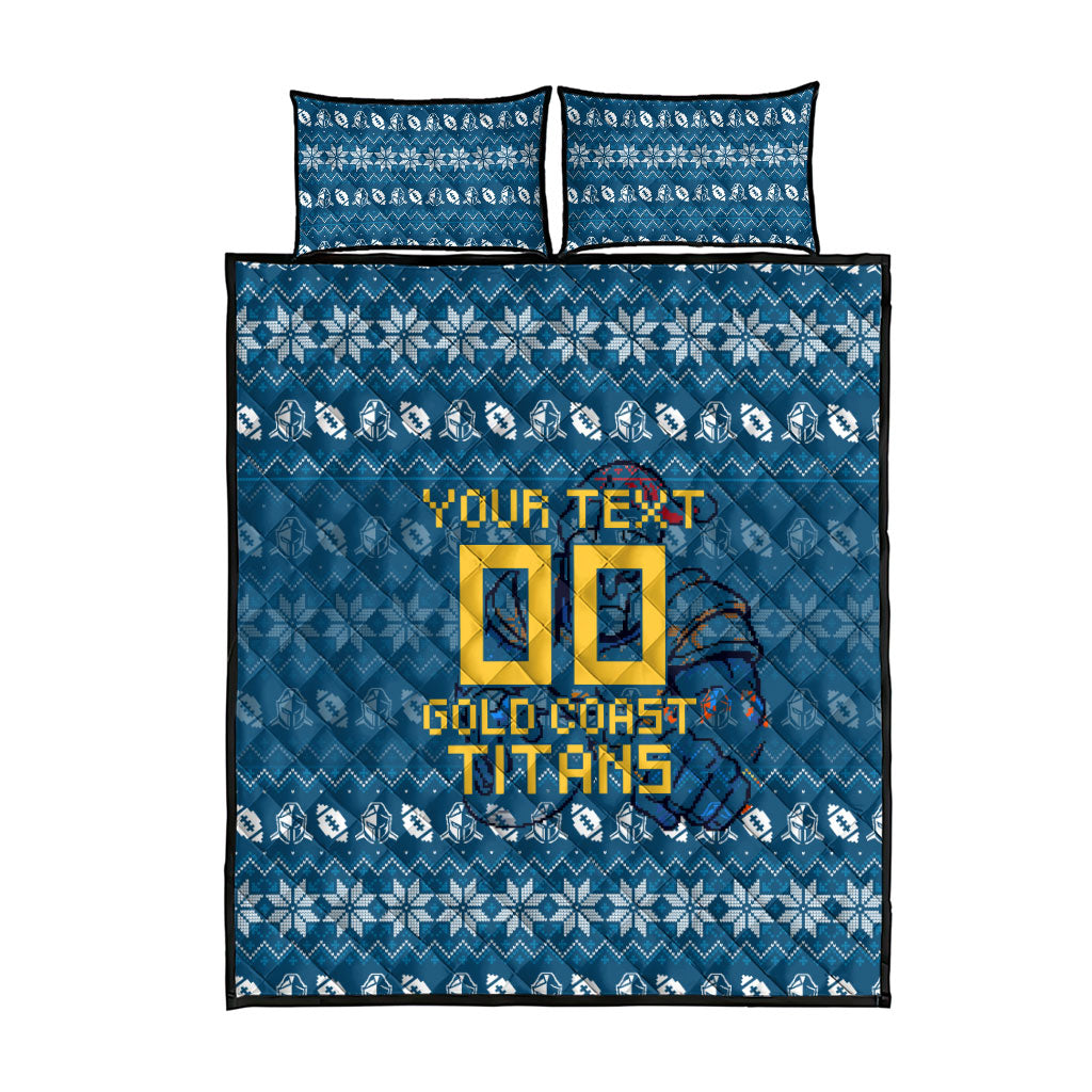 Personalized Gold Coast Titans Christmas Quilt Bed Set Australian Rugby Fans - Pixelated Ugly Xmas Pattern Mascot Santa