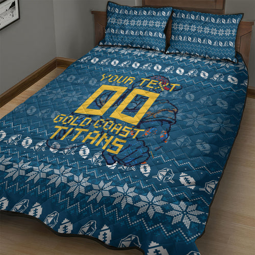 Personalized Gold Coast Titans Christmas Quilt Bed Set Australian Rugby Fans - Pixelated Ugly Xmas Pattern Mascot Santa