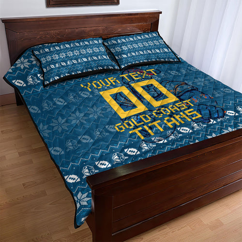 Personalized Gold Coast Titans Christmas Quilt Bed Set Australian Rugby Fans - Pixelated Ugly Xmas Pattern Mascot Santa