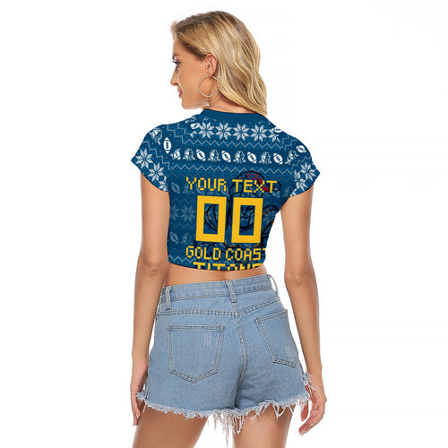 Personalized Gold Coast Titans Christmas Raglan Cropped T Shirt Australian Rugby Fans - Pixelated Ugly Xmas Pattern Mascot Santa