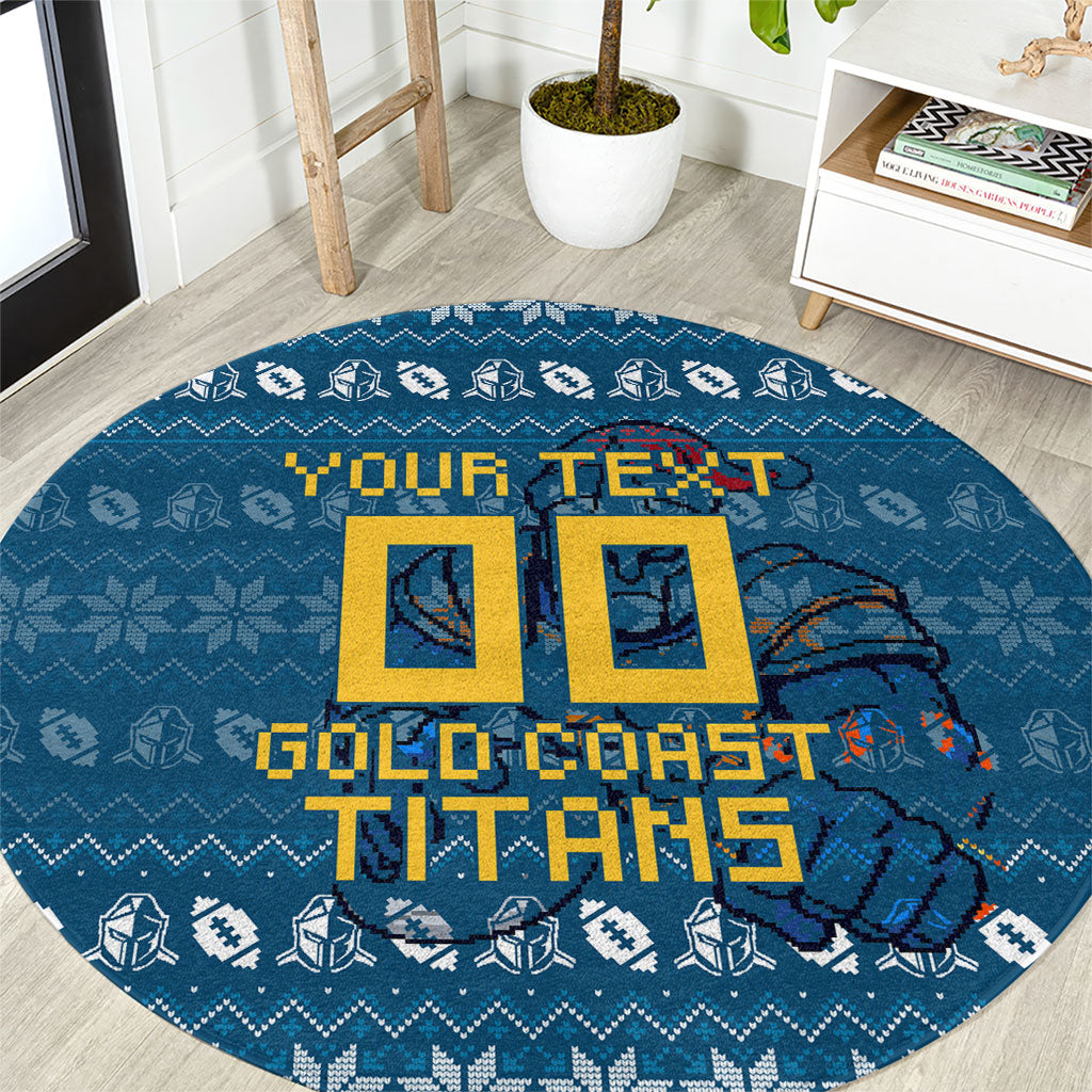 Personalized Gold Coast Titans Christmas Round Carpet Australian Rugby Fans - Pixelated Ugly Xmas Pattern Mascot Santa