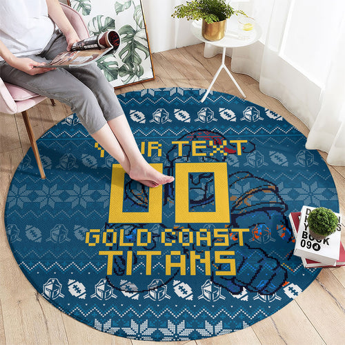 Personalized Gold Coast Titans Christmas Round Carpet Australian Rugby Fans - Pixelated Ugly Xmas Pattern Mascot Santa