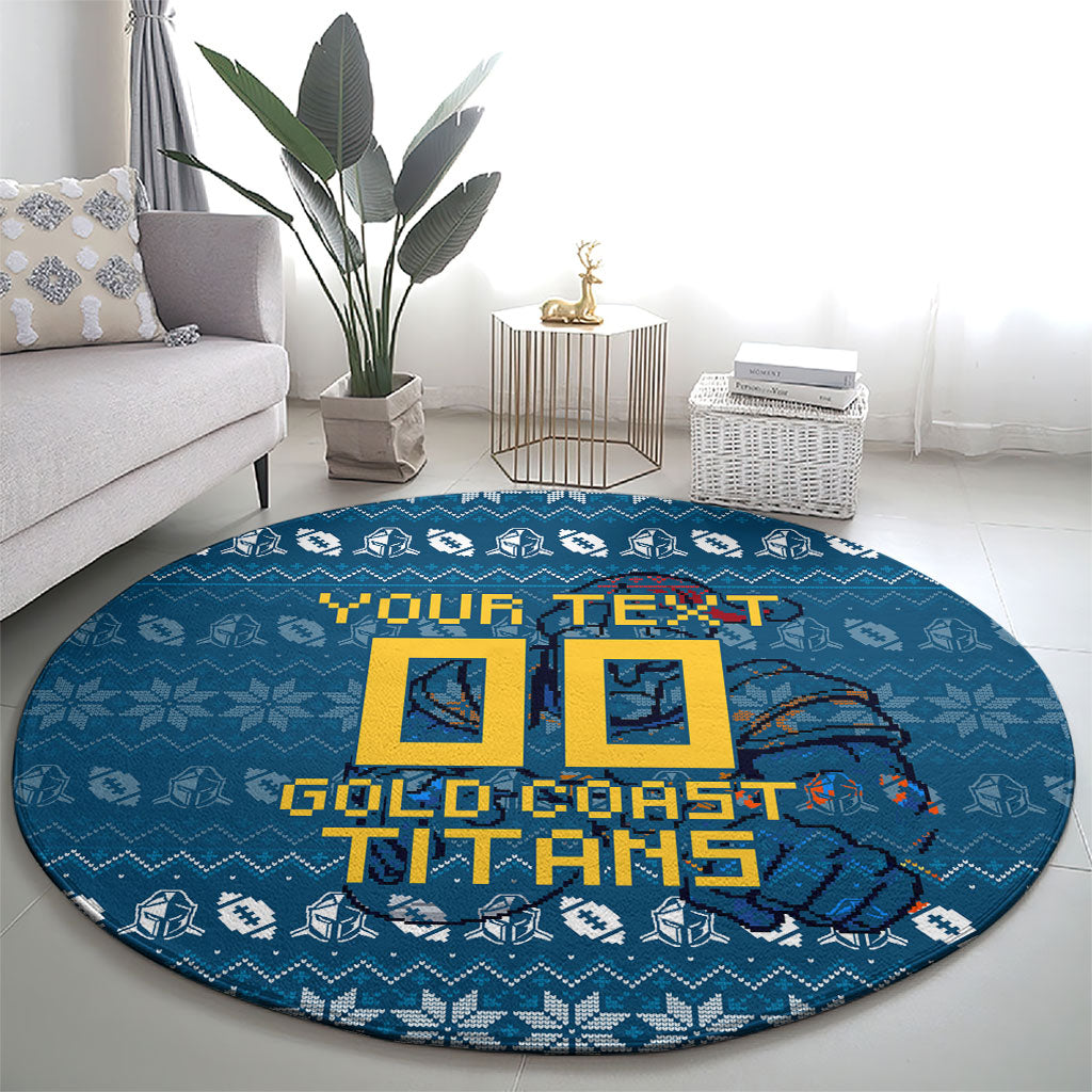 Personalized Gold Coast Titans Christmas Round Carpet Australian Rugby Fans - Pixelated Ugly Xmas Pattern Mascot Santa