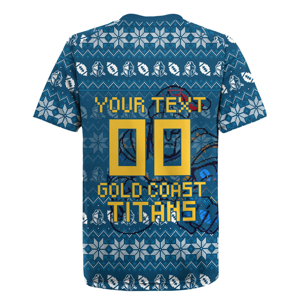 Personalized Gold Coast Titans Christmas Rugby Jersey Australian Rugby Fans - Pixelated Ugly Xmas Pattern Mascot Santa