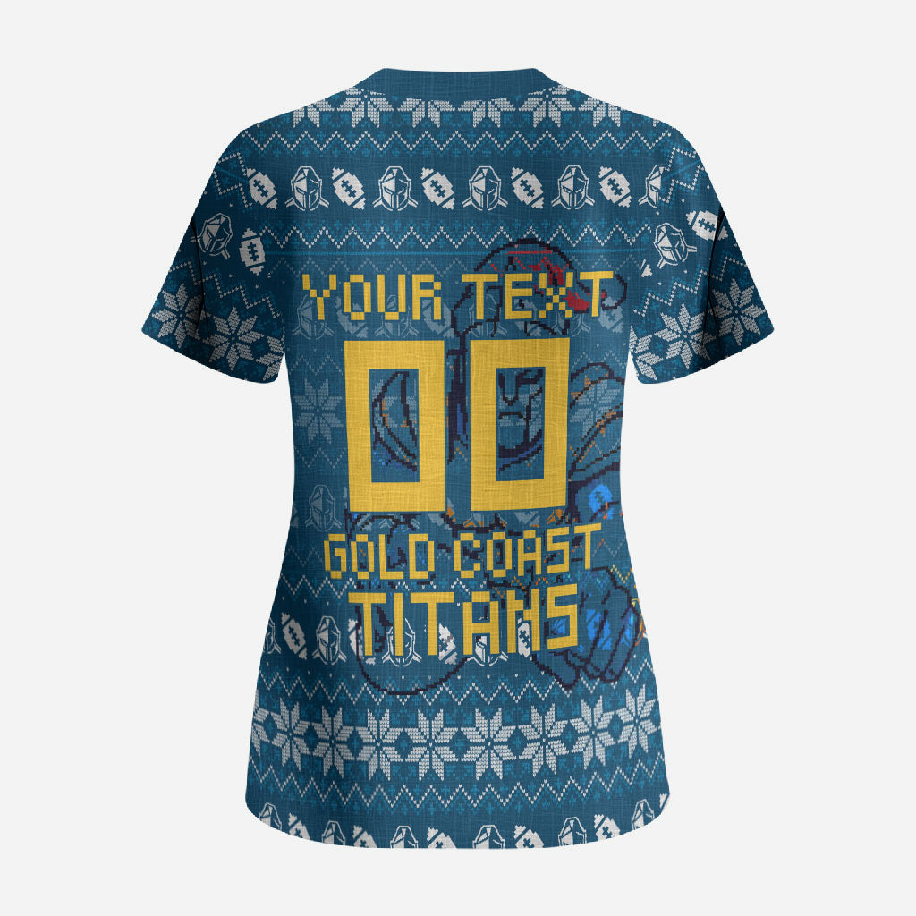 Personalized Gold Coast Titans Christmas Scrub Top Australian Rugby Fans - Pixelated Ugly Xmas Pattern Mascot Santa