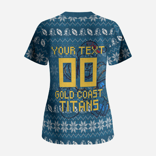 Personalized Gold Coast Titans Christmas Scrub Top Australian Rugby Fans - Pixelated Ugly Xmas Pattern Mascot Santa