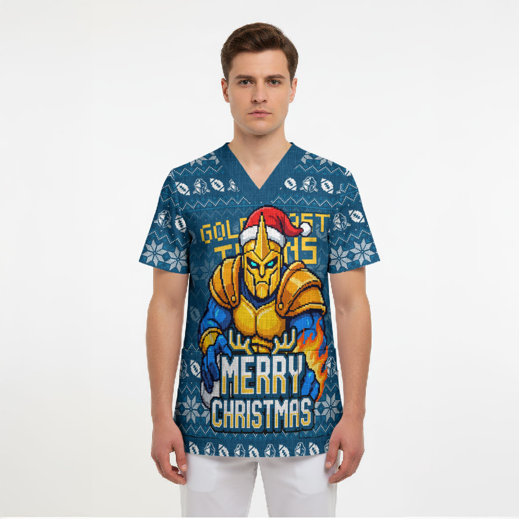 Personalized Gold Coast Titans Christmas Scrub Top Australian Rugby Fans - Pixelated Ugly Xmas Pattern Mascot Santa