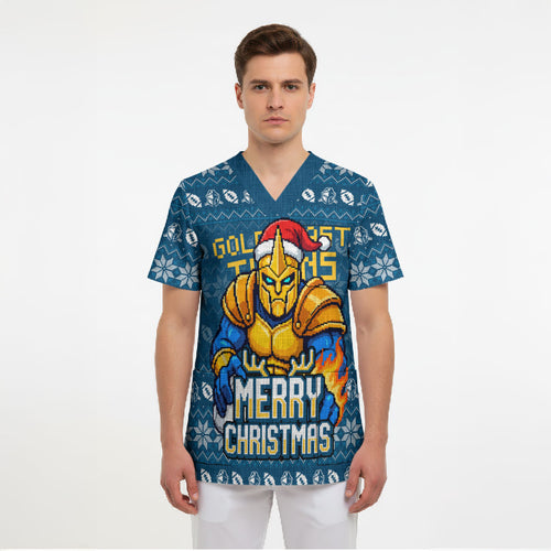 Personalized Gold Coast Titans Christmas Scrub Top Australian Rugby Fans - Pixelated Ugly Xmas Pattern Mascot Santa