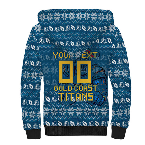 Personalized Gold Coast Titans Christmas Sherpa Hoodie Australian Rugby Fans - Pixelated Ugly Xmas Pattern Mascot Santa