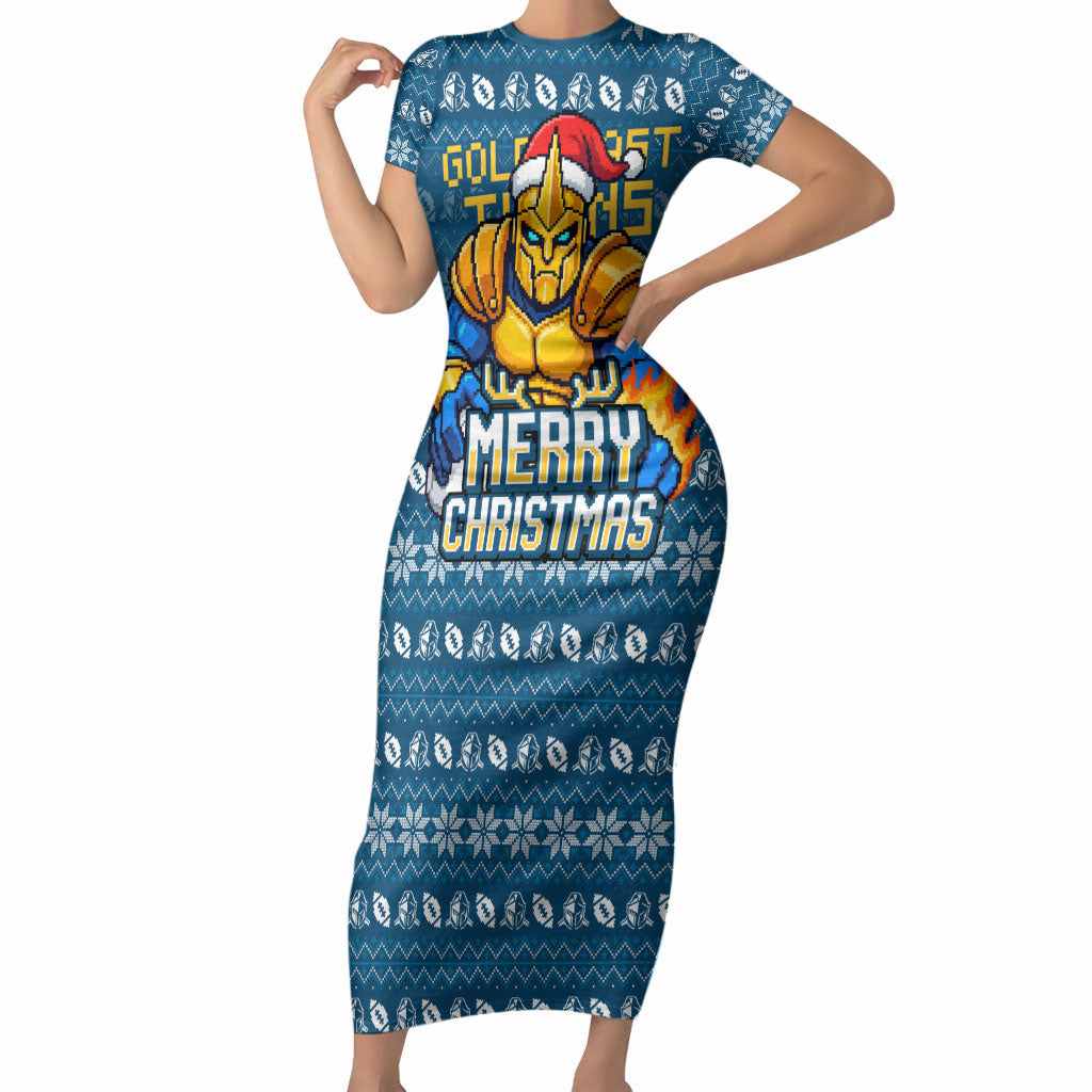 Personalized Gold Coast Titans Christmas Short Sleeve Bodycon Dress Australian Rugby Fans - Pixelated Ugly Xmas Pattern Mascot Santa